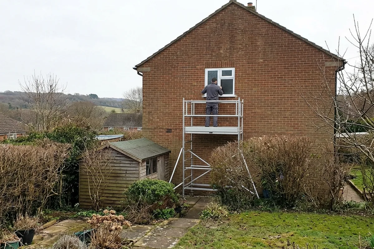 Fitter on a scaffold tower fitting a small white uPVC casement high in the brick gable of a post-war house, typical of Ashurst Wood