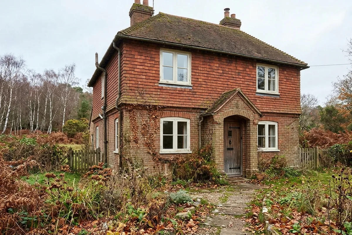 Tile-hung brick cottage with a gabled porch and painted timber casement windows at the edge of birch woodland