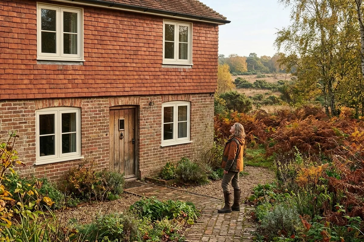 Woman looking up at cream uPVC flush casements on a tile-hung brick cottage beside autumn heathland, typical of Colemans Hatch
