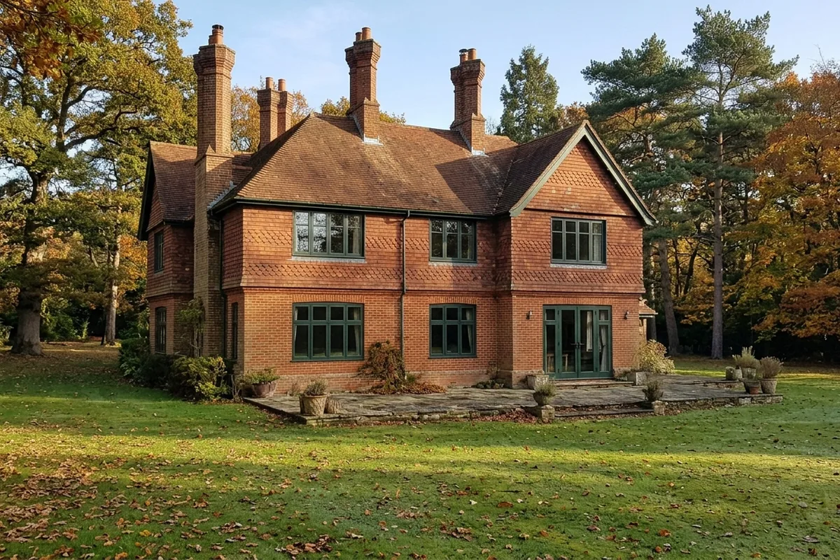 Large red brick and tile-hung house in wooded grounds with dark green aluminium casements and French doors, typical of Dormans Park