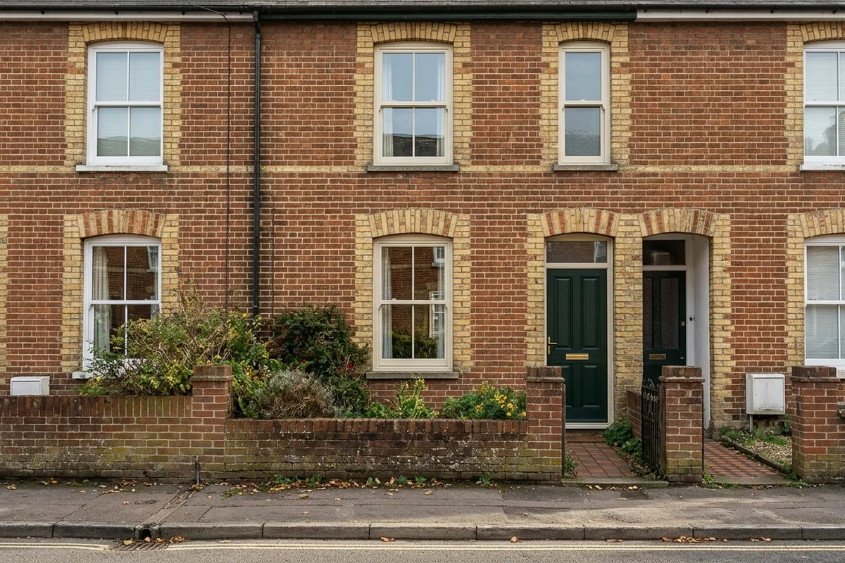 Victorian brick terrace typical of East Grinstead's railway streets, one house with three cream uPVC sash windows and a green front door