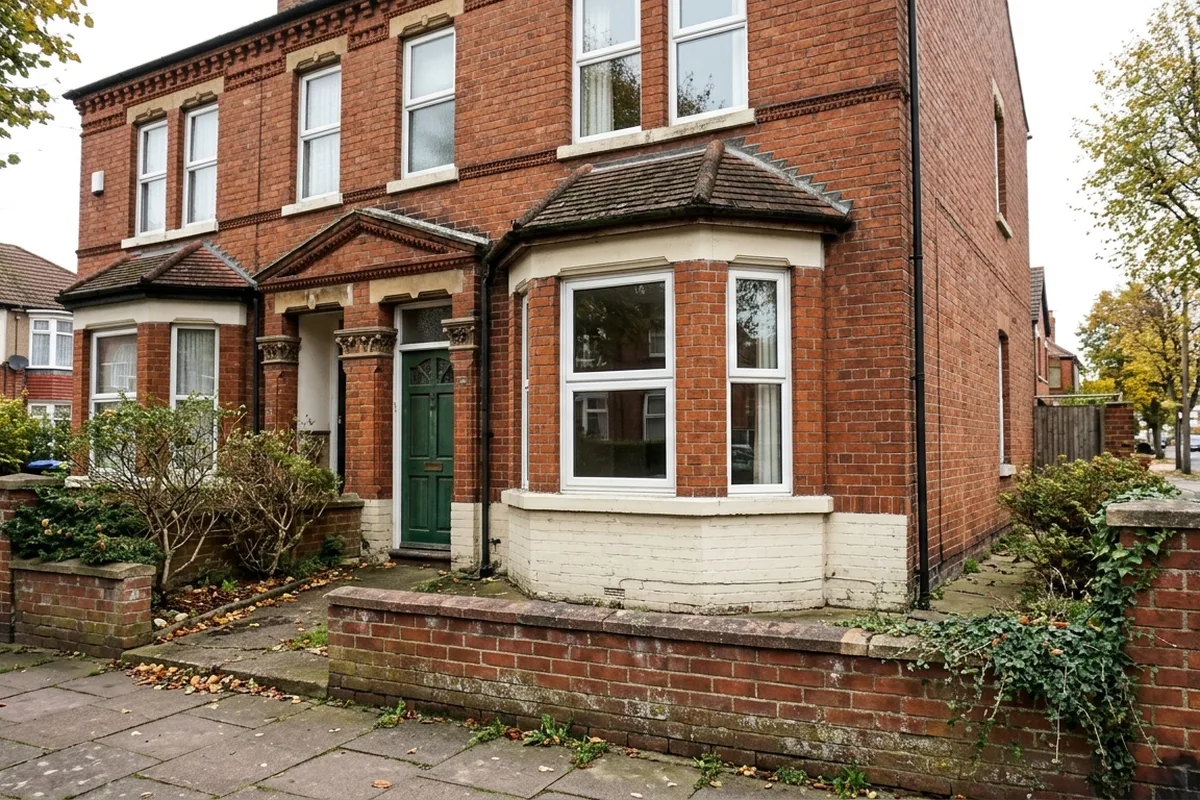 Edwardian red brick semi with a white uPVC canted bay window on a painted brick base, typical of East Grinstead