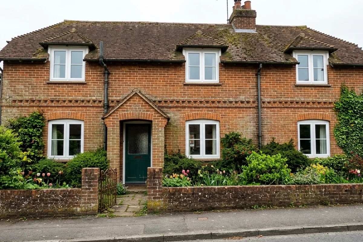 Long red brick house with white casement windows and tiled dormers behind a low brick wall, typical of older homes in Forest Row
