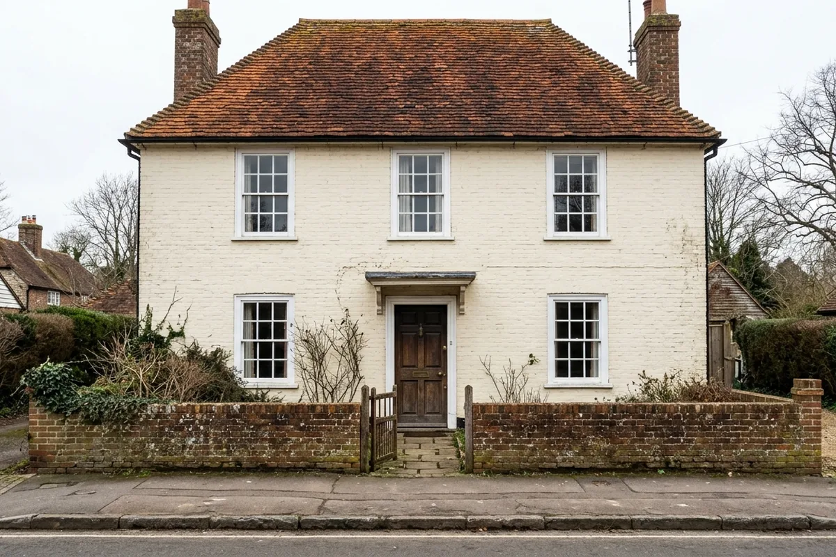Painted brick Georgian-fronted house with five white timber box sash windows, typical of the older houses in Forest Row