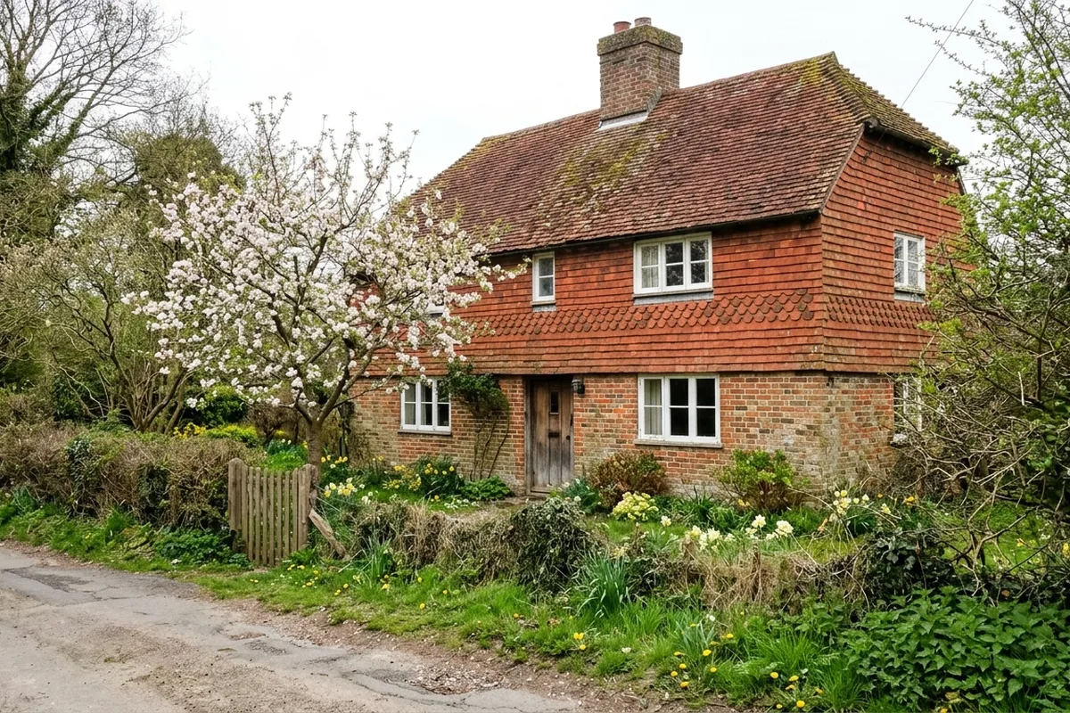 Tile-hung brick cottage with white casement windows beside a country lane, with spring blossom, typical of Hartfield