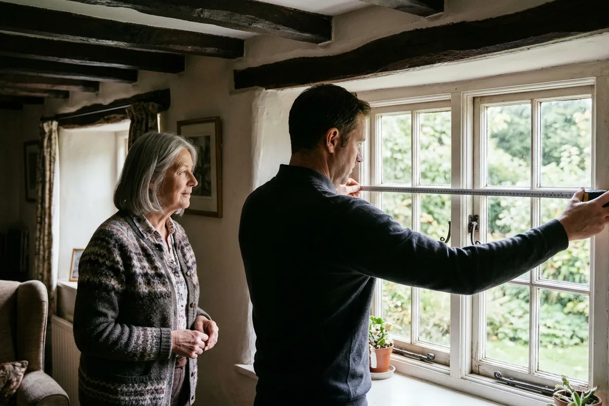 Surveyor measuring a casement window opening while the homeowner watches, inside a cottage room