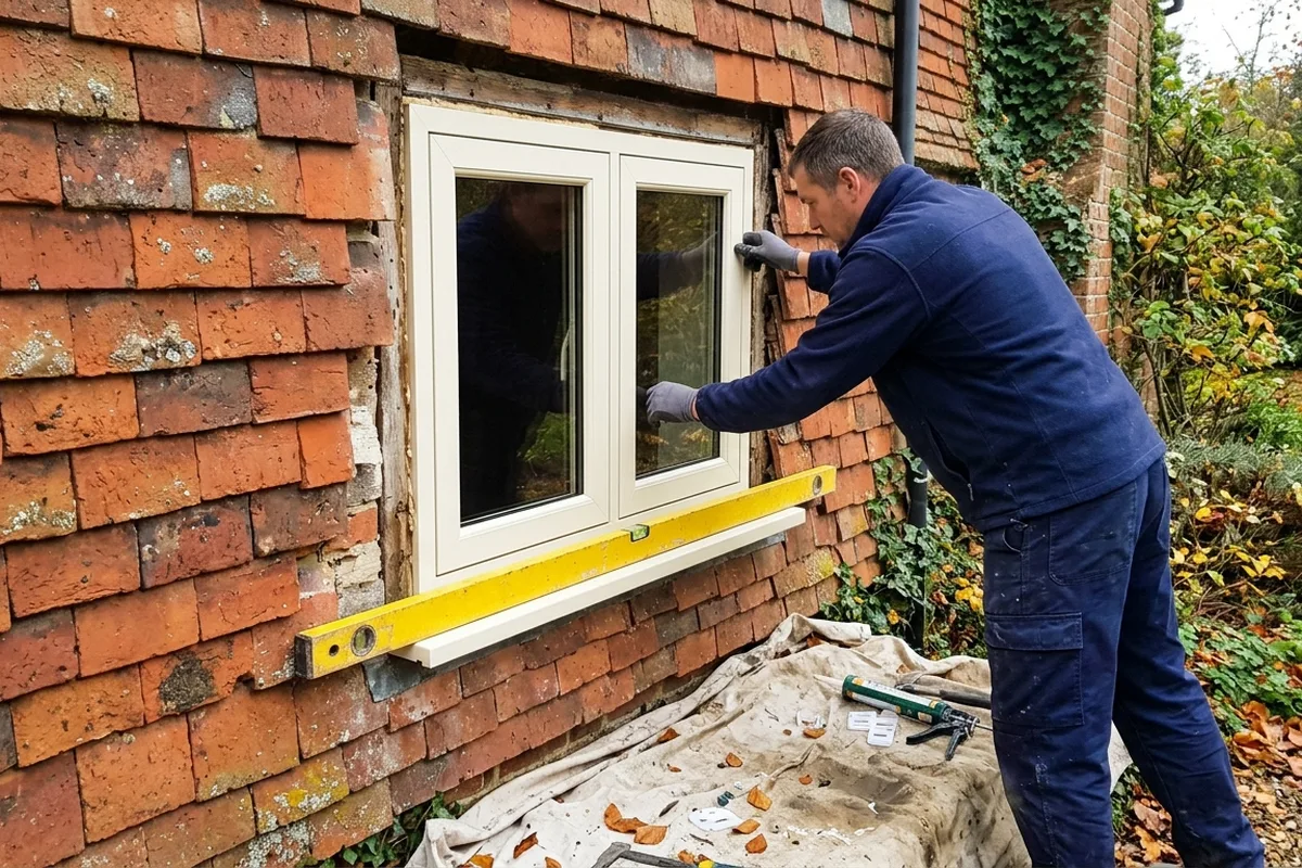 Installer in plain workwear fitting a cream uPVC flush casement into a tile-hung cottage wall