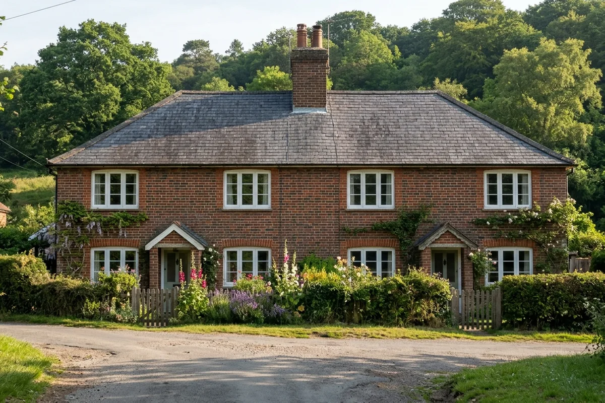 Pair of red brick semi-detached cottages with white casement windows and a slate roof, typical of Sharpthorne