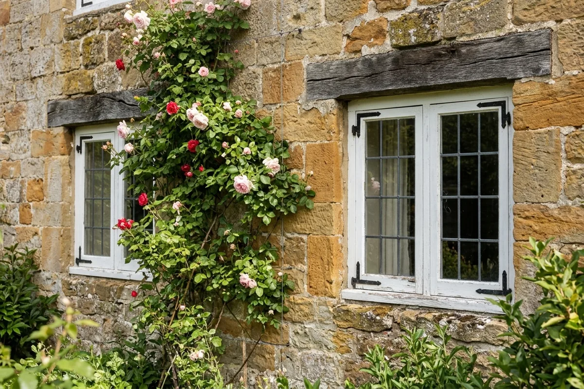 Sandstone house with painted timber flush casement windows and small leaded panes, in soft morning light